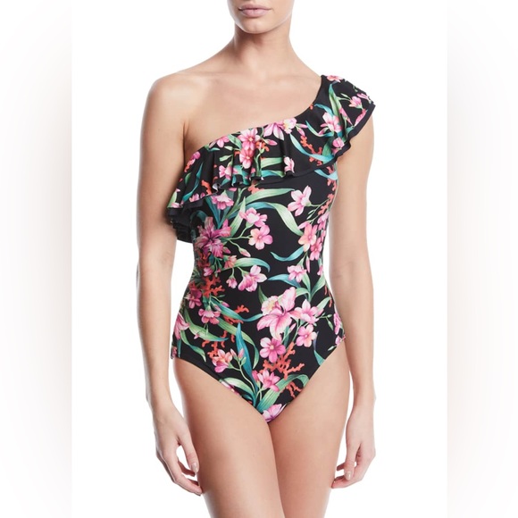 Carmen Marc Valvo Swimsuit One-Shoulder Floral-Print Ruffle One-Piece - Picture 10 of 10